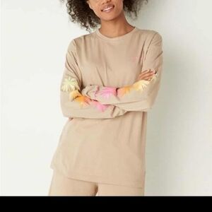 Victoria's Secret Tan Long Sleeve Tee with Colorful Leaf Design